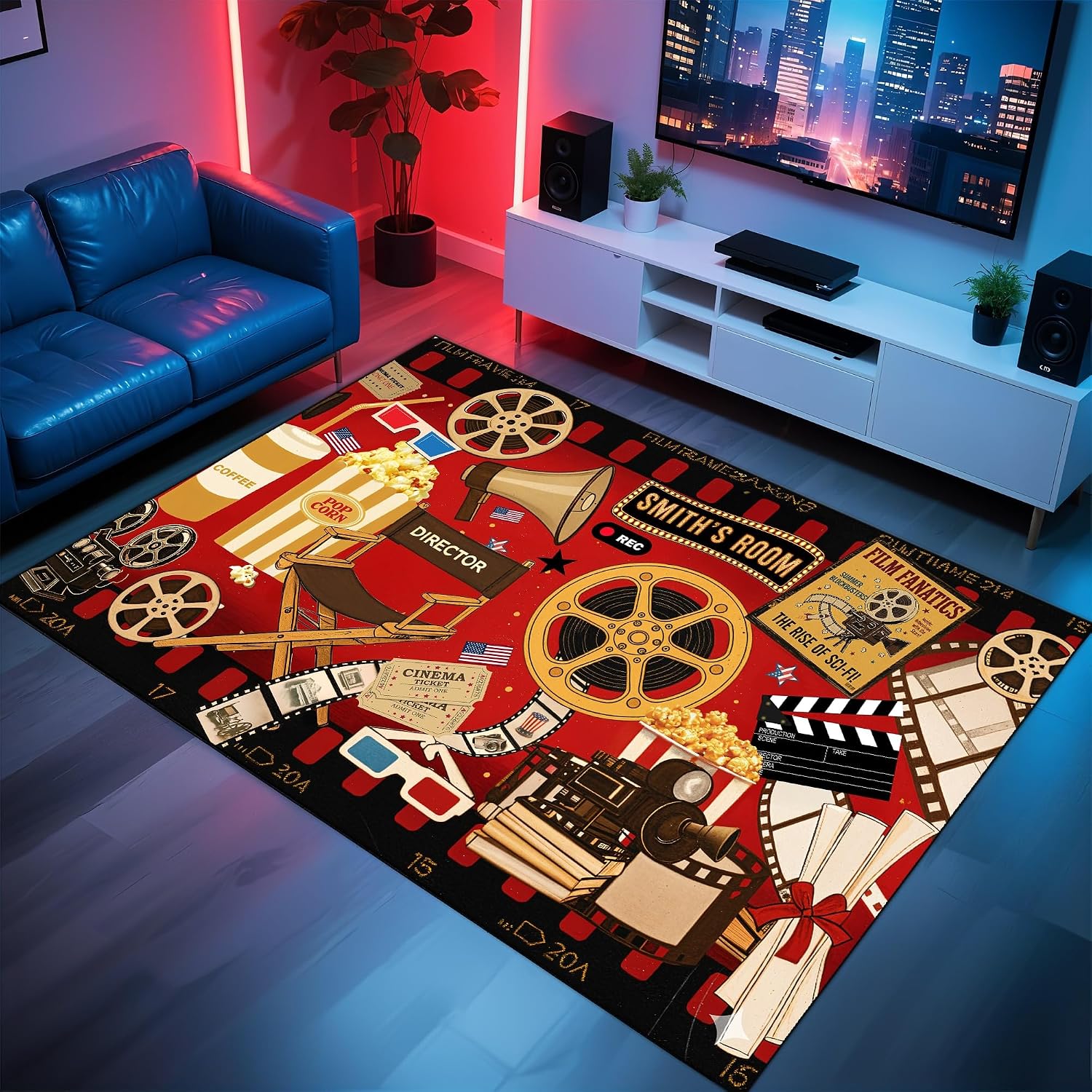 Home Cinema Night - พรมธีมโรงภาพยนตร์แบบกำหนดเอง, พรมนุ่มกันลื่นสำหรับห้องโฮมเธียเตอร์, พรมตกแต่งพื้นสำหรับดูหนังโดยเฉพาะ