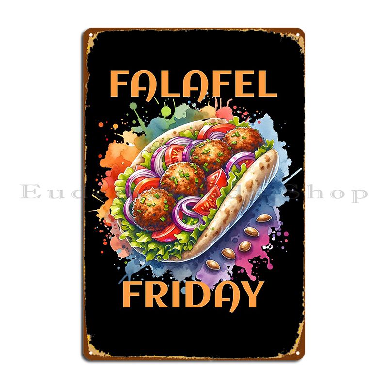 Home Cinema Wall Design - สีน้ำ Falafel Friday holidaybug โลหะโล่ประกาศเกียรติคุณดีไซน์เครื่องตกแต่งฝาผนังภาพจิตรกรรมฝาผนังโปสเตอร์ดีบุกบ้าน