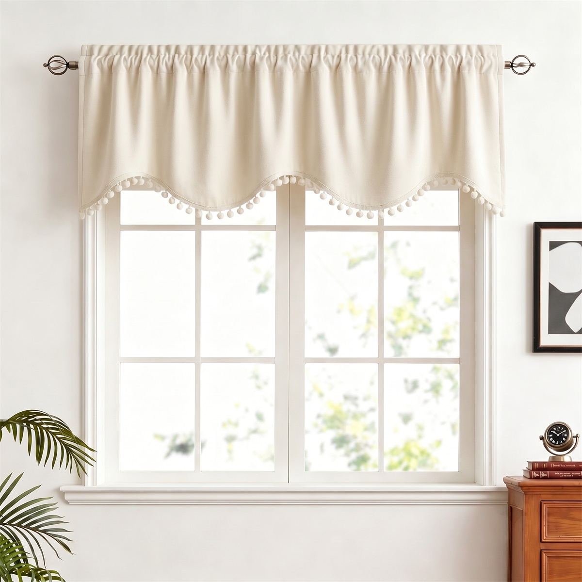 Blackout Curtain Thick - ผ้าม่านกำมะหยี่สีเบจพร้อมขอบปอมปอม ผ้าม่านหน้าต่างทรง S แบบยุโรปหรูหรา ผ้าม่านกันแสงหนาพิเศษ นุ่ม