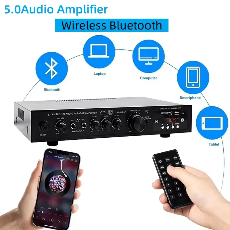 Home Cinema Bluetooth 5.1 - ลำโพงบลูทูธ AV-369BT 5.1 เครื่องขยายเสียงสเตอริโอ 6 แชนแนล