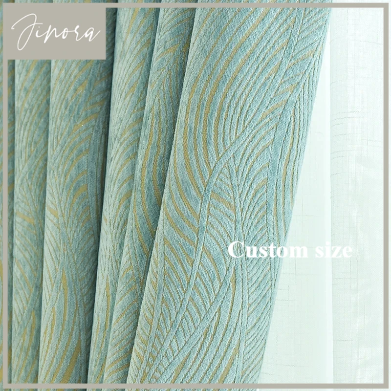 Blackout Curtain Thick - Chenille หรูหราผ้าม่านสําหรับห้องนั่งเล่นห้องนอนหนา Blue Leaf Pastoral Blackout