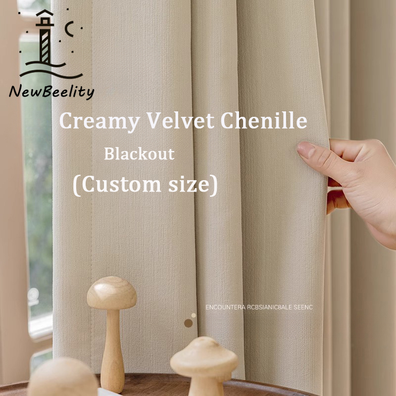 Blackout Curtain Thick - ครีมกํามะหยี่ Chenille Blackout ผ้าม่านหนาสําหรับห้องนั่งเล่นห้องนอนโมเด็ม Simple ขนาดที่กําหนดเองสีทึบตกแต่ง