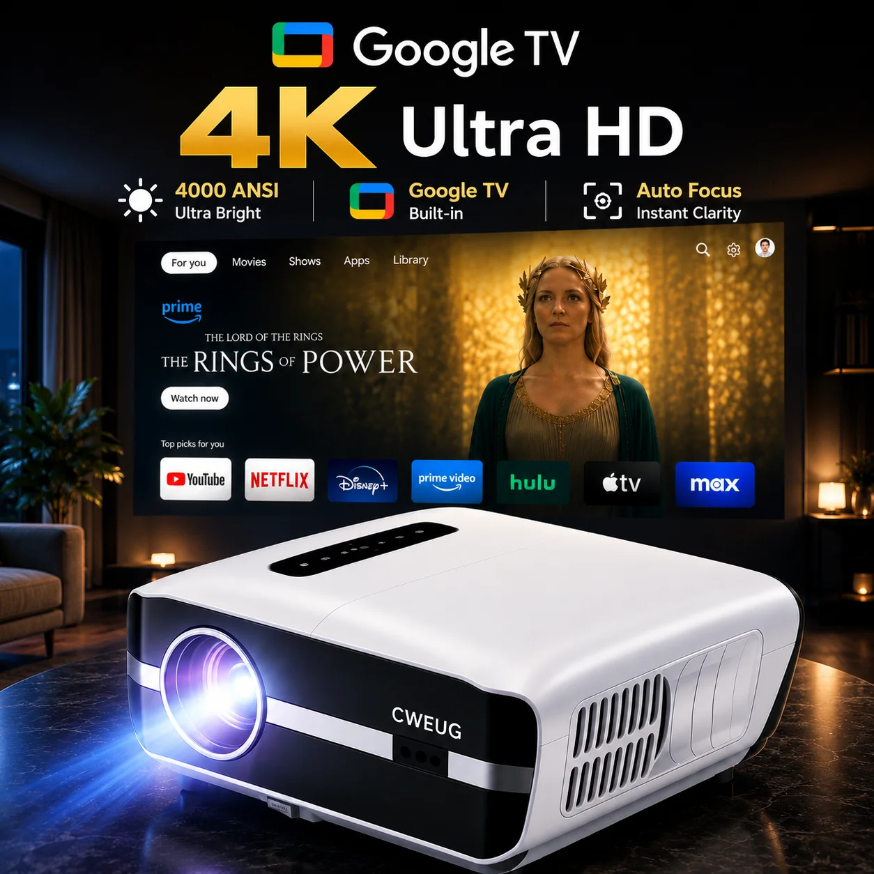 Home Cinema Night - โปรเจคเตอร์ NewA9S 4k โฟกัสอัตโนมัติ โปรเจคเตอร์สำหรับใช้งานกลางวัน รองรับ