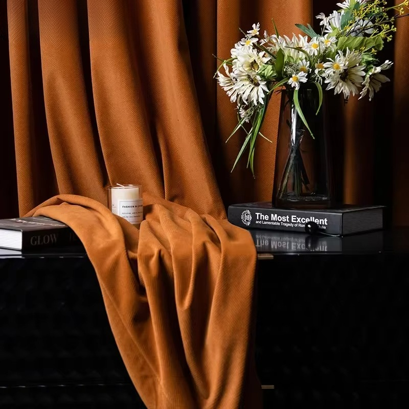 สีส้ม Herringb กํามะหยี่ผ้าม่า - Blackout Curtain Thick บทวิจารณ์และราคา